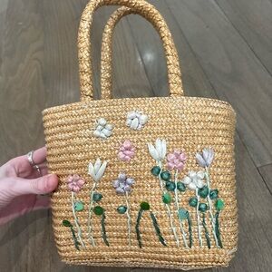 Floral Embroidered Straw Tote Bag